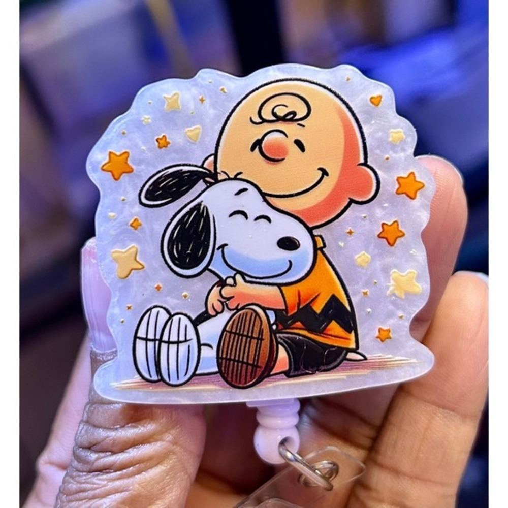 Snoopy Charlie Brown Retractable Badge Reel Acrylic ID Holder Peanuts Clip On